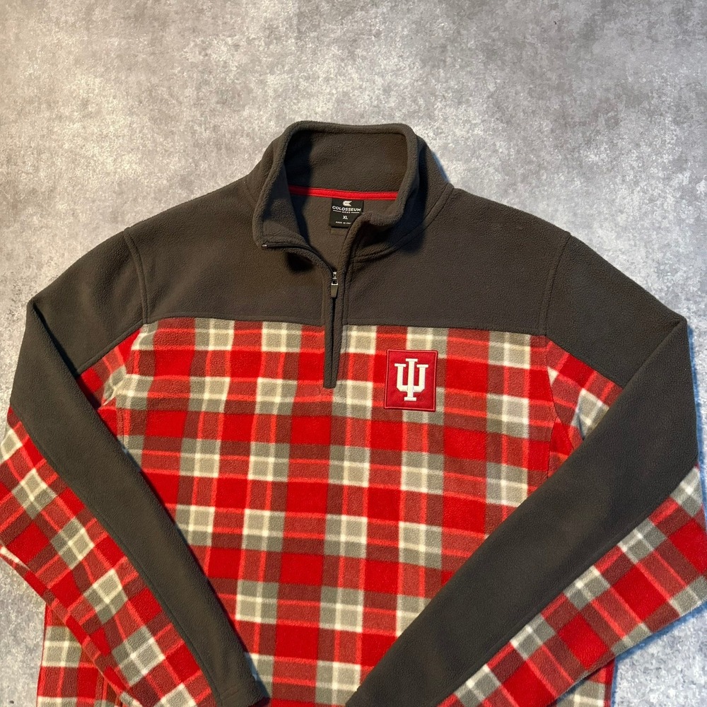 Colosseum Indiana Hoosiers Plaid Fleece Quarter Zip Pullover Mens XL Gray‎ Red